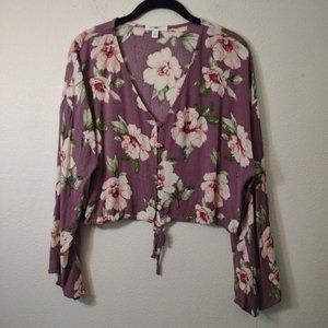 BP Purple Floral Tie Hem Crop Blouse